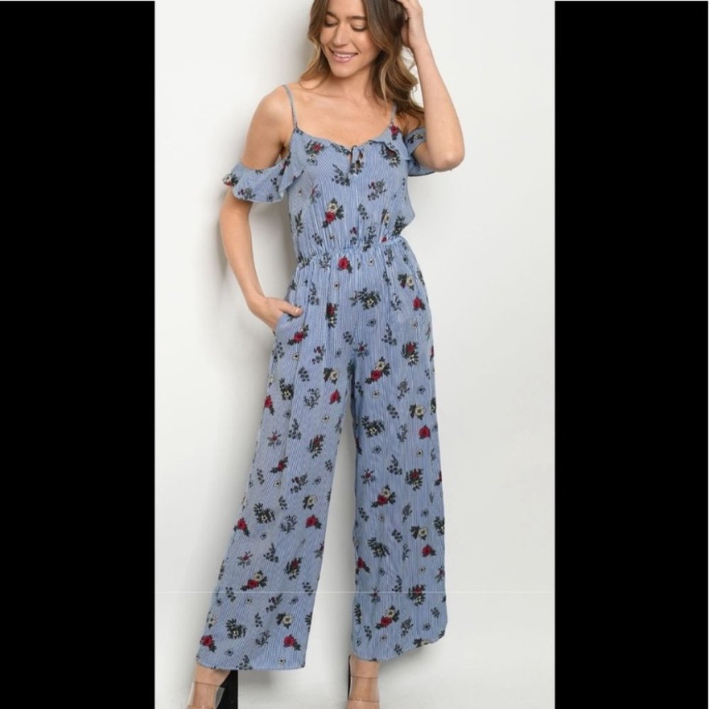 Cold Shoulder Striped Floral Jumpsuit Keyhole Tie